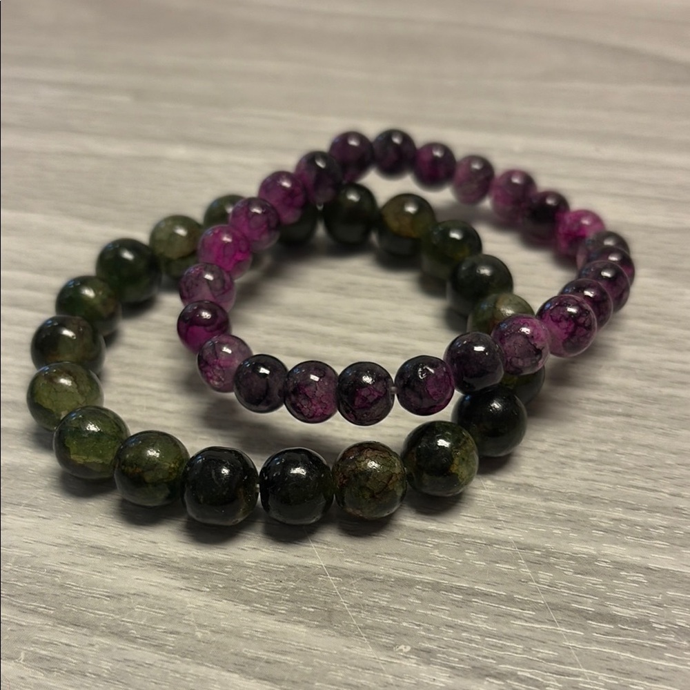 Elegant Purple and Green Glass Beaded Bracelet Set